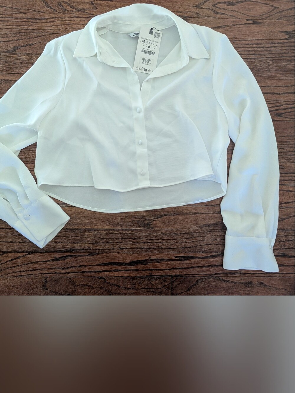 Zara Women's Silky Soft Bright White Button Down Cropped Blouse, Medium NWT